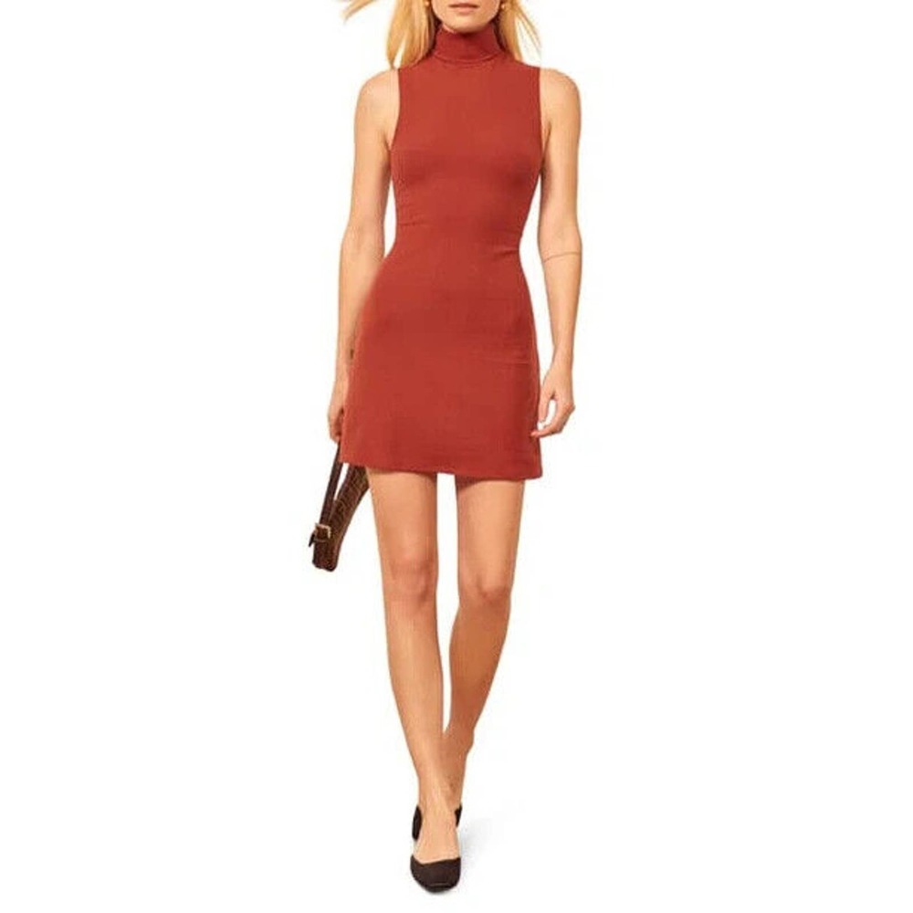 Reformation Women XS Rust Paulina Ribbed Bodycon Mini Dress Sleeveless Mock Neck